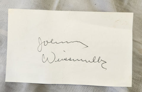 OLYMPIC CHAMPION AND TARZAN ACTOR JOHNNY WEISSMULLER HAND SIGNED CARD D.1984