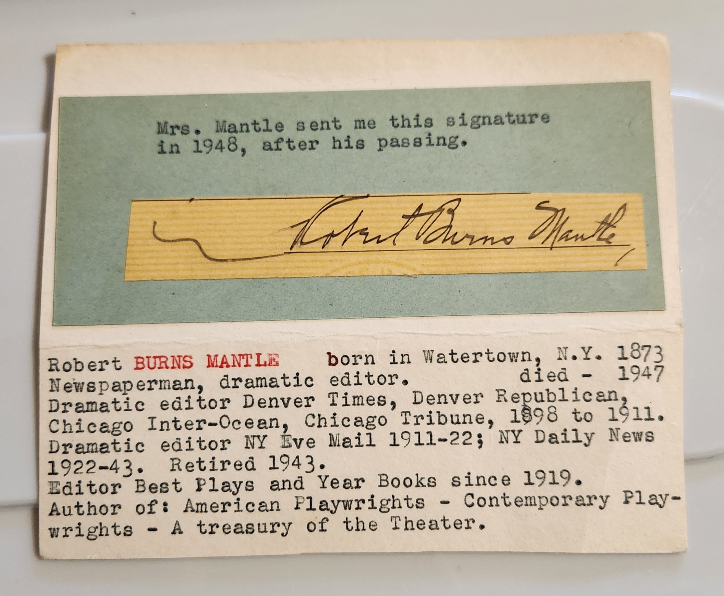 RARE THEATRE CRITIC BURNS MANTLE HAND SIGNED PAGE D.1948