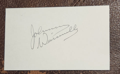 ACTOR OLYMPIC CHAMPION JOHNNY WEISSMULLER HAND SIGNED CARD D.1984