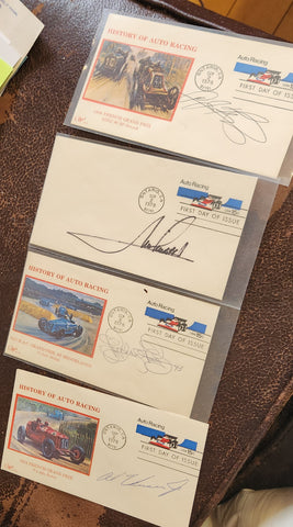 4 RACING LEGENDS HAND SIGNED FDCS RICHARD PETTY MARIO ANDRETTI AJ FOYT AND AL UNSER