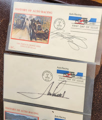 4 RACING LEGENDS HAND SIGNED FDCS RICHARD PETTY MARIO ANDRETTI AJ FOYT AND AL UNSER