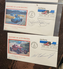 4 RACING LEGENDS HAND SIGNED FDCS RICHARD PETTY MARIO ANDRETTI AJ FOYT AND AL UNSER