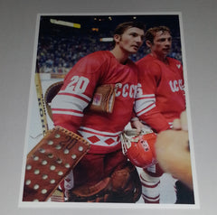 LEGENDARY RUSSIAN GOALTENDER VLADISLAV TRETIAK HAND SIGNED CARD AND GREAT 5X7" PRINT