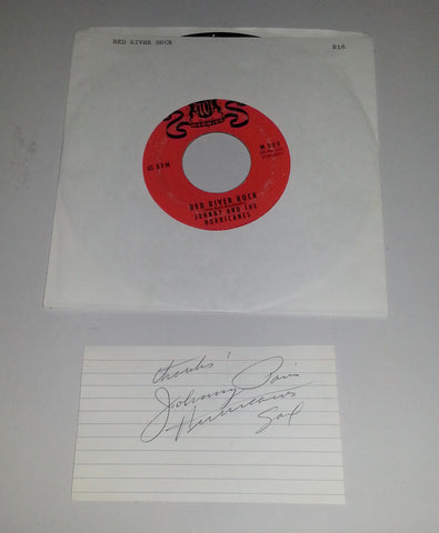 JOHNNY & THE HURRICANES LEADER JOHNNY PARIS (D.2006) SIGNED CARD & VINTAGE 45 RECORD "RED RIVER ROCK"