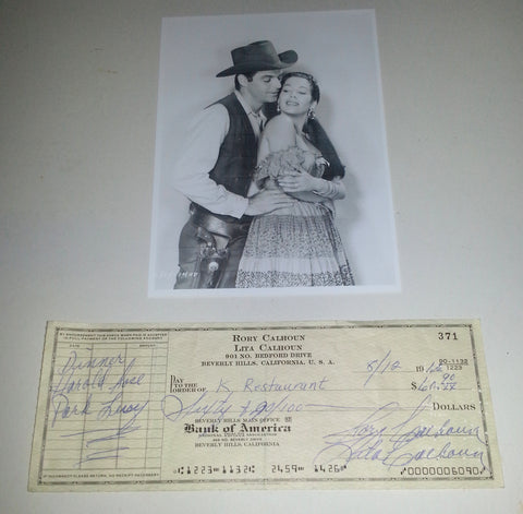 ACTOR RORY CALHOUN (D.1999) AND WIFE LITA BARON DUAL SIGNED CHECK AND NICE 5X7" PRINT OF BOTH OF THEM