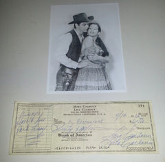 ACTOR RORY CALHOUN (D.1999) AND WIFE LITA BARON DUAL SIGNED CHECK AND NICE 5X7" PRINT OF BOTH OF THEM