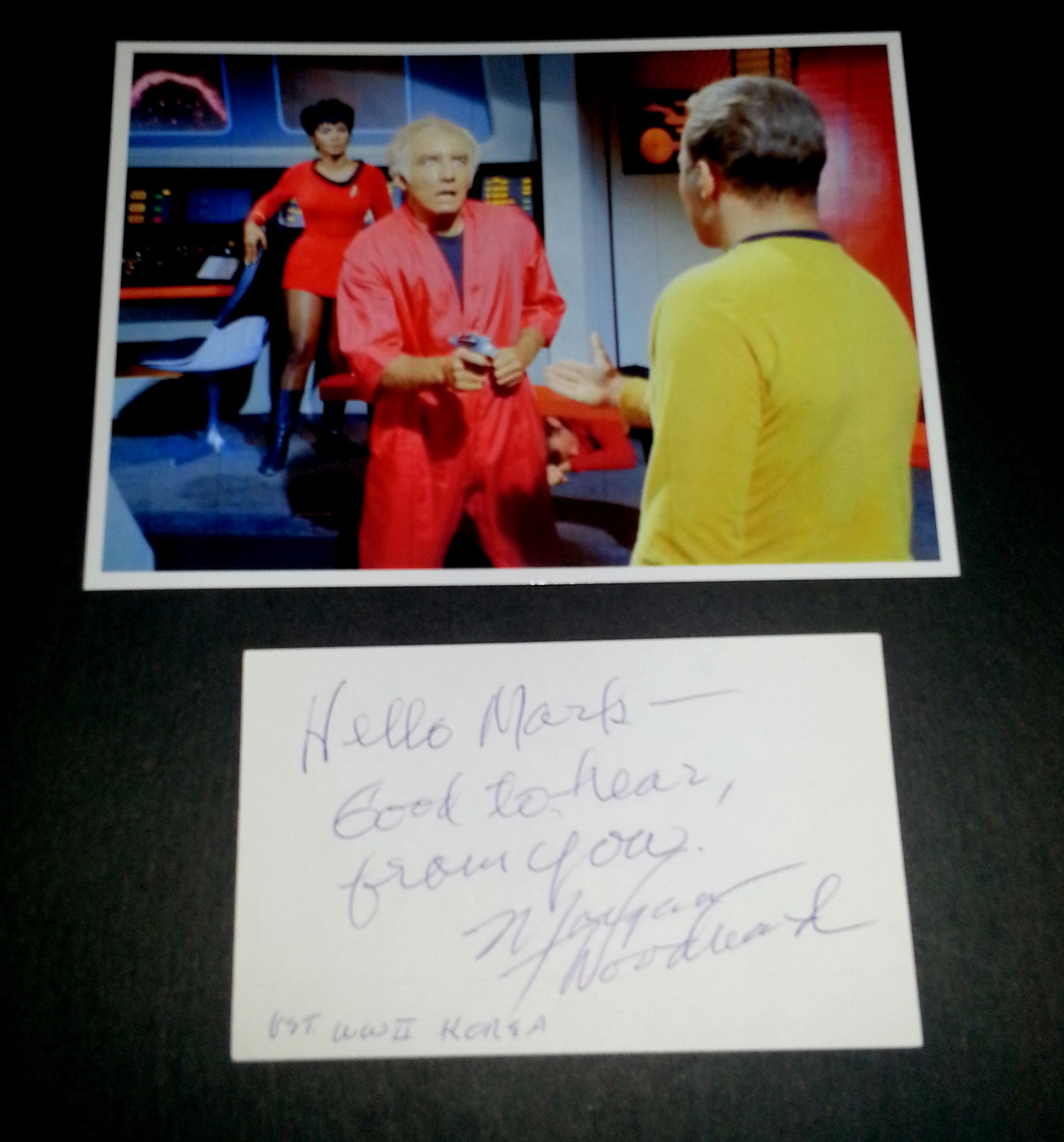 ACTOR MORGAN WOODWARD HAND SIGNED CARD AND NICE STAR TREK 5X7" PRINT