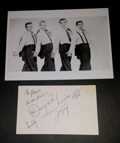 DANNY AND THE JUNIORS-original 3 members-JOE TERRY(TERRANOVA), BOBBY MAFEI and FRANK MAFEI HAND SIGNED CARD AND NICE 5X7" PRINT