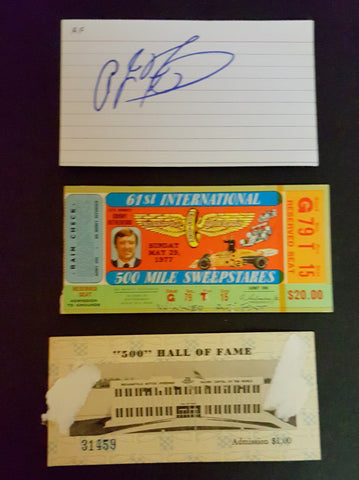 1977 INDY 500 WINNER A. J FOYT HAND SIGNED CARD 1977 TICKET TIME TRIALS TICKET AND TICKET TO 500 HOF GREAT LOT