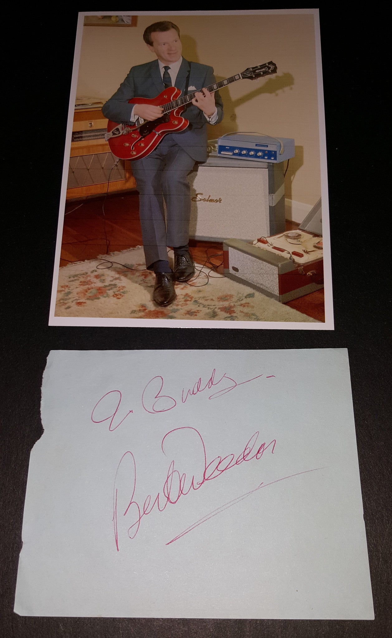 BRITISH GUITAR VIRTUOSO BERT WEEDON HAND SIGNED PAGE AND NICE 5X7" PRINT D.2012