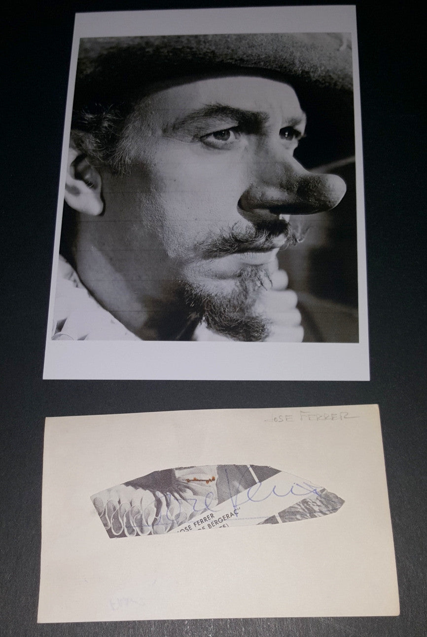 ACTOR JOSE FERRER HAND SIGNED CUT ON AN INDEX CARD AND NICE 5X7' CYRANO PRINT D.1992