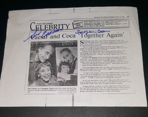 TV LEGENDS SID CAESAR (D.2014) & IMOGENE COCA (D.2001) HAND SIGNED 8X10 NEWSPAPER ARTICLE COPY