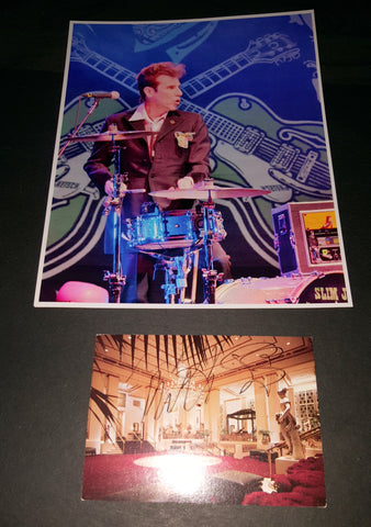 STRAY CATS DRUMMER SLIM JIM PHANTOM HAND SIGNED POSTCARD AND NICE 8X11" PRINT