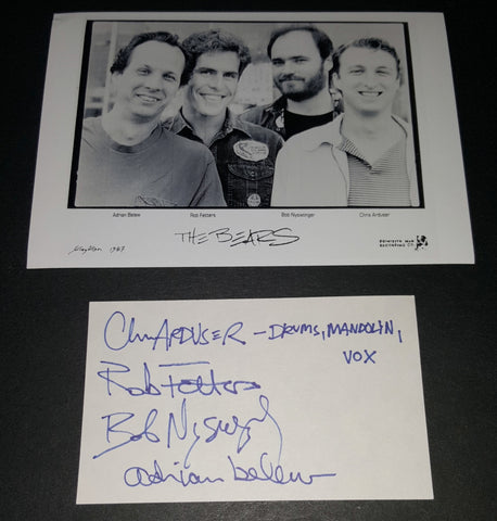 ADRIAN BELEW AND THE BEARS (ROB FETTERS, BOB NYSWONGER CHRIS ARDUSER) 4X SIGNED INDEX CARD AND NICE 5X7" PRINT