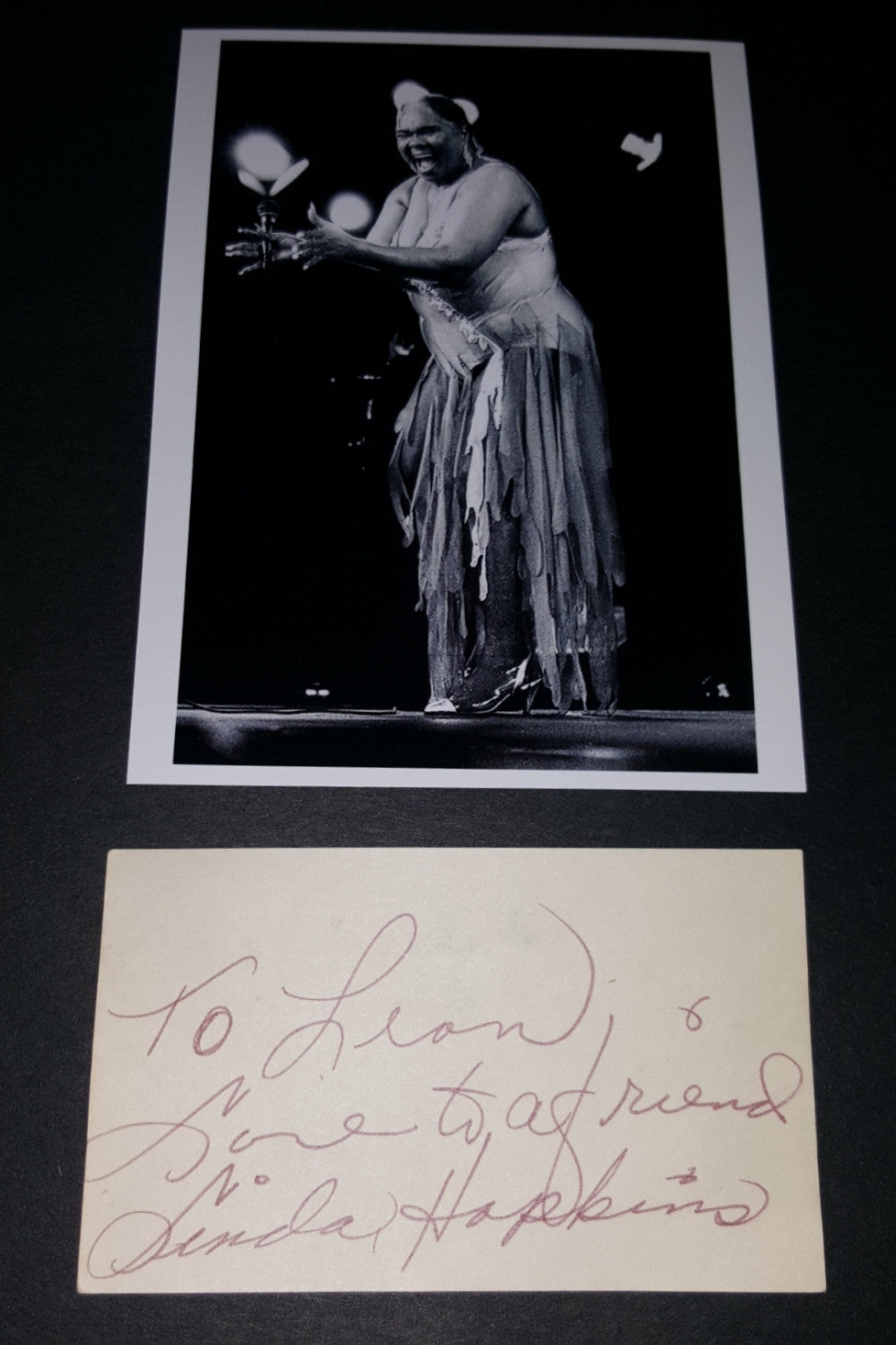 SINGER ACTRESS LINDA HOPKINS HAND SIGNED CARD AND NICE 5X7" PRINT