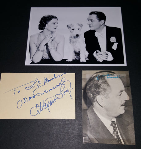 RARE WILLIAM POWELL (D.1984) HAND SIGNED 3X6" THIN PHOTO & MYRNA LOY (D.1993) HAND SIGNED CARD & GREAT THIN MAN PRINT