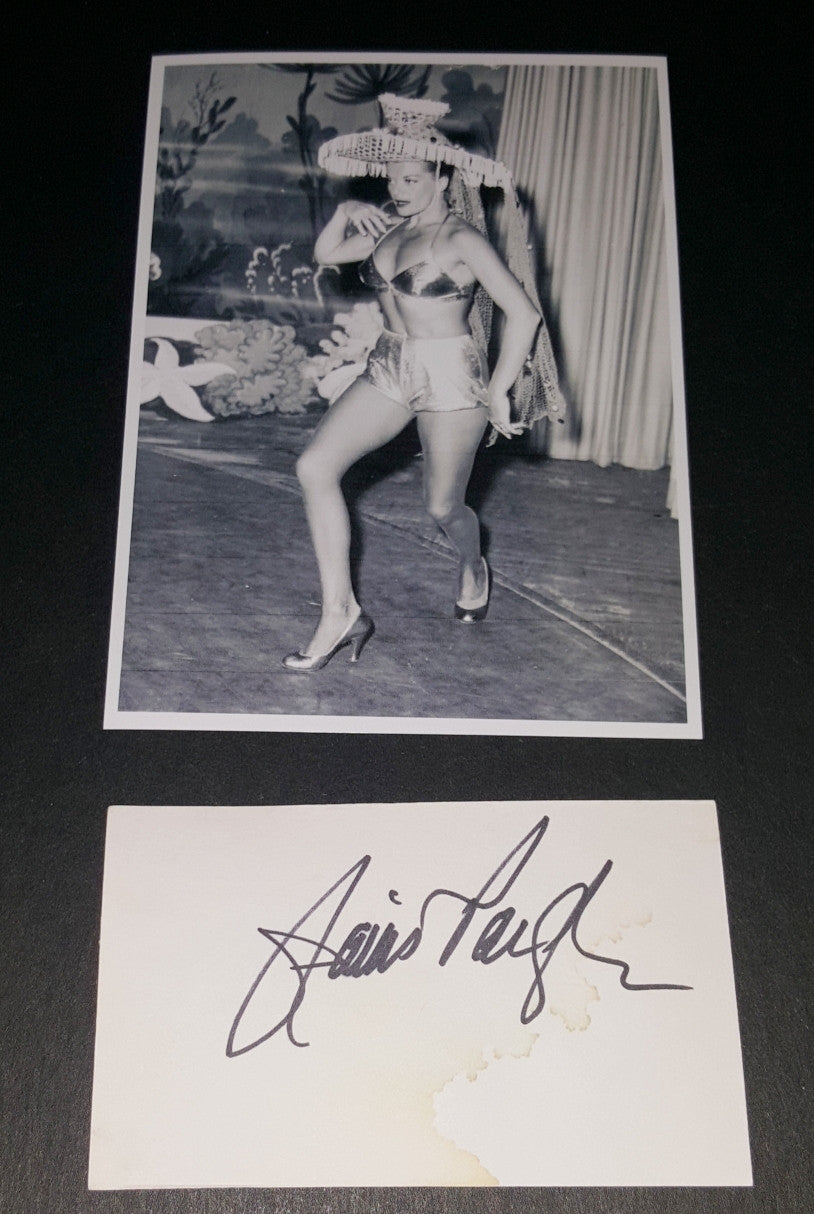 ACTRESS JANIS PAIGE HAND SIGNED CARD AND NICE 5X7' LEGGY PRINT