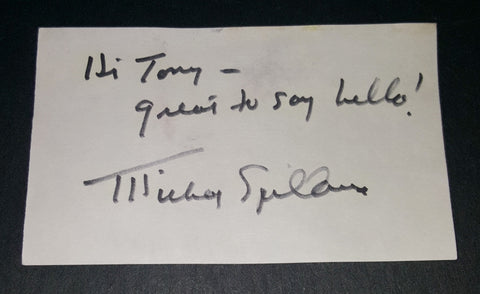 AUTHOR TOUGH GUY MICKEY SPILLANE HAND SIGNED CARD D.2006