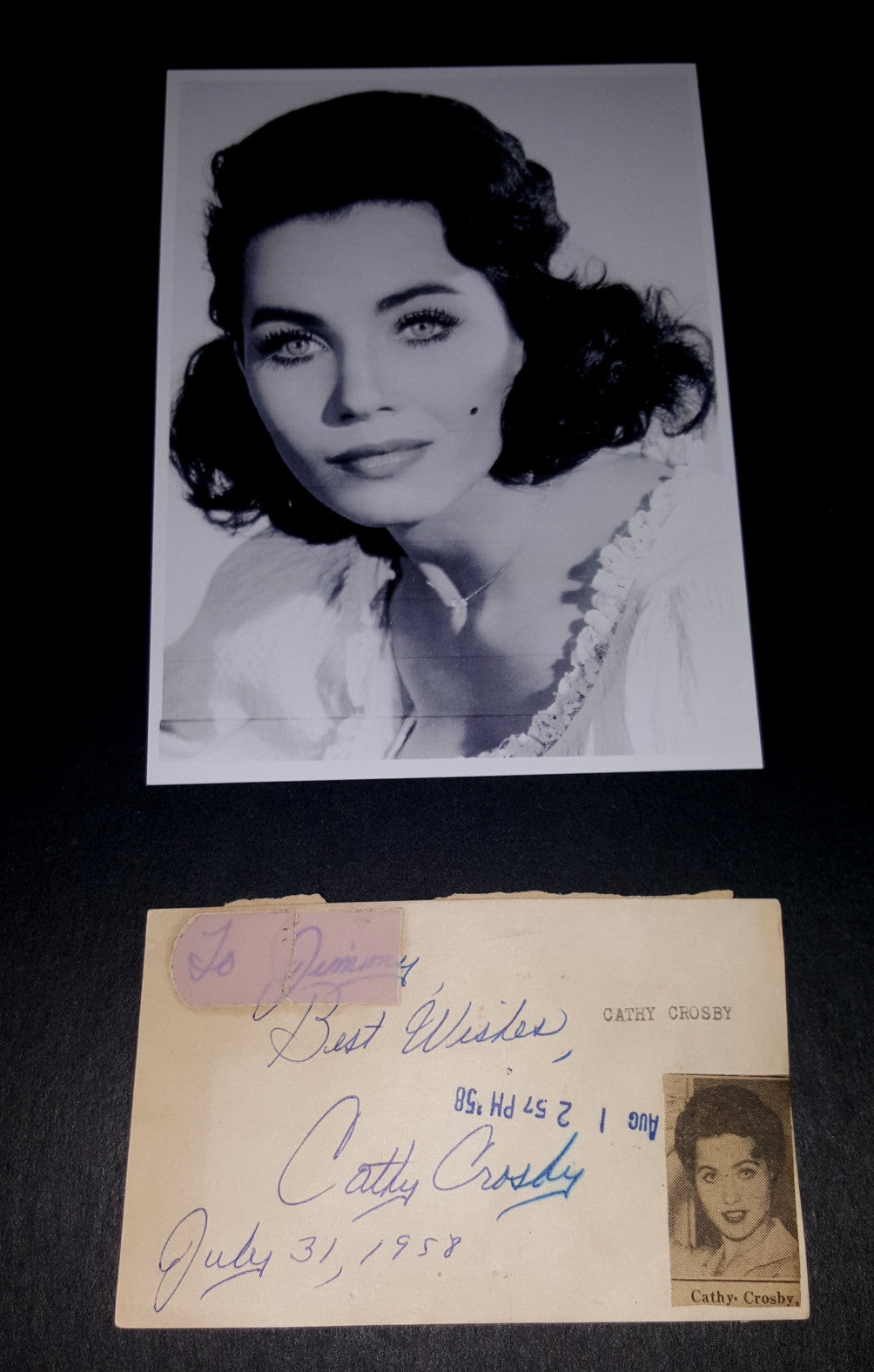 PIN UP ACTRESS CATHY CROSBY (BING'S NIECE) HAND SIGNED VINTAGE CARD AND NICE 5X7" PRINT