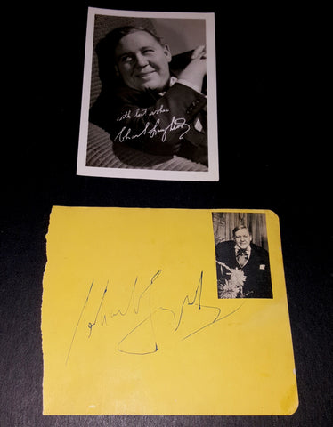 RARE ACTOR CHARLES LAUGHTON HAND SIGNED PAGE AND NICE 3X5" VINTAGE SEPIA MATTE PHOTO D.1962