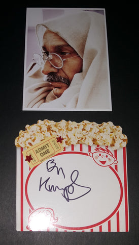 ACTOR BEN KINGLSLEY HAND SIGNED POPCORN BOX CUTOUT AND NICE 5X7" "GANDHI" PRINT