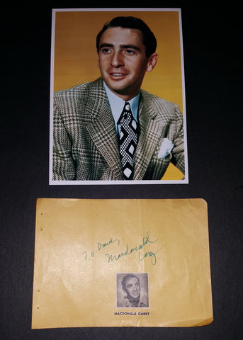 ACTOR MACDONALD CAREY HAND SIGNED PAGE AND NICE 5X7" PRINT D.1994