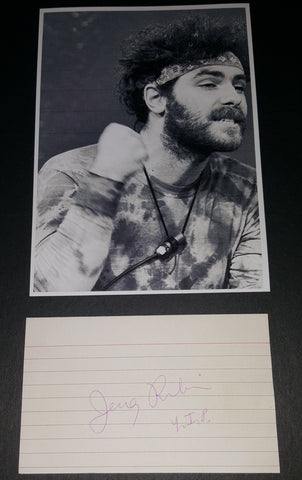 COUNTERCULTURE ICON JERRY RUBIN HAND SIGNED CARD AND NICE 5X7" PRINT D.1994