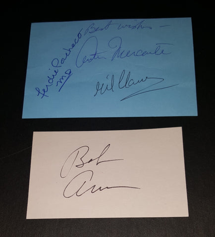 4X BOXING GREATS AUTOGRAPHS PROMOTER BOB ARUM HAND SIGNED CARD AND 3X PAGE SIGNED BY DR. FERDIE PACHECO TRAINER GIL CLANCY D.2011 AND REFEREE ARTHUR MERCANTE D.2010