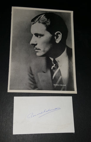 RARE RONALD COLMAN HAND SIGNED CARD AND GREAT VINTAGE 6X8 BOOK PHOTO D.1958