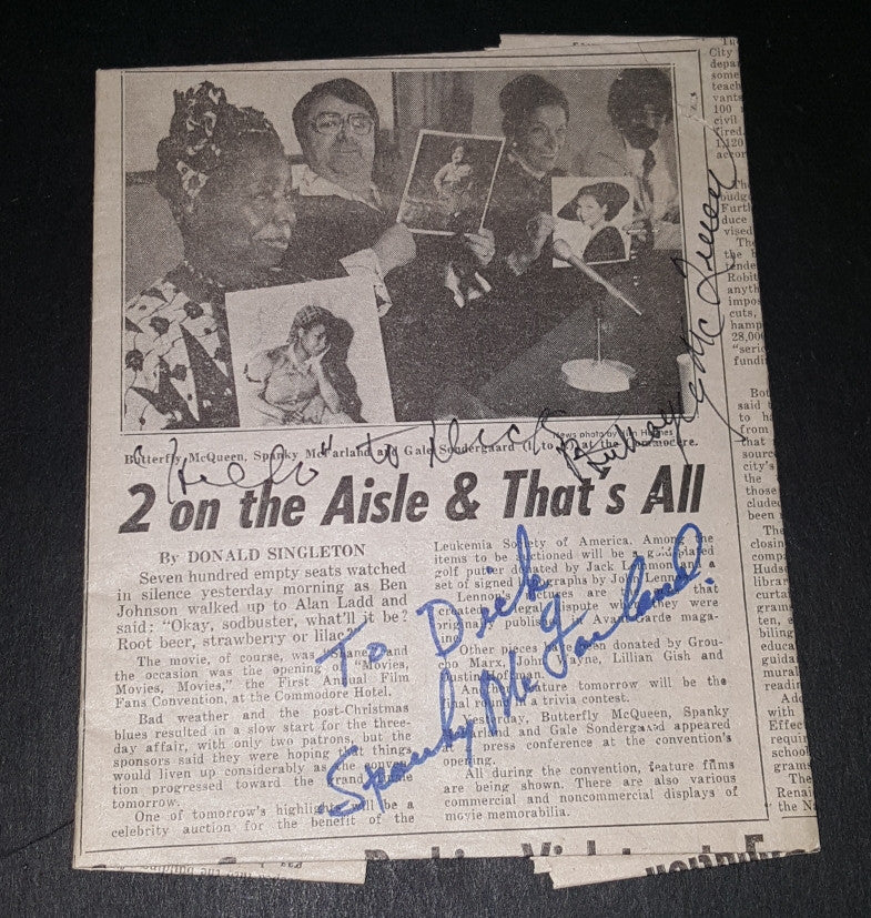 VINTAGE NEWSPAPER ARTICLE HAND SIGNED BY BUTTERFLY MCQUEEN AND SPANKY MCFARLAND