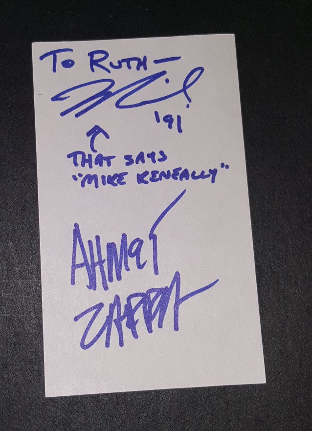 MUSICIANS AHMET ZAPPA AND AND GUITARIST MIKE KENEALLY HAND SIGNED CARD