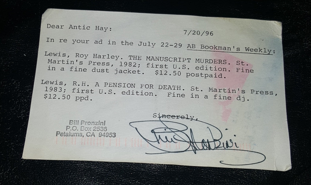 DETECTIVE FICTION AUTHOR BILL PRONZINI HAND SIGNED CARD