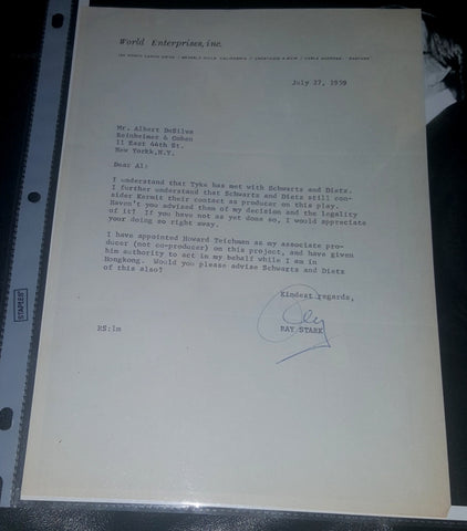 LEGENDARY HOLLYWOOD PRODUCER RAY STARK HAND SIGNED 1959 LETTER D.2004