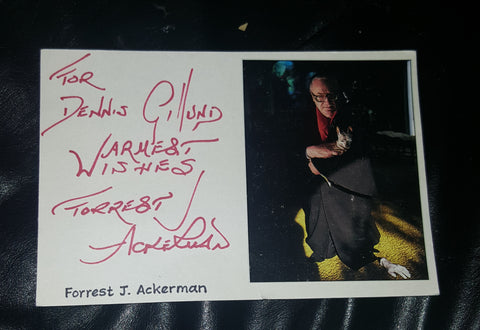 SCI FI WRITER MAGAZINE EDITOR FORREST J. ACKERMAN HAND SIGNED PHOTO CARD D.2008