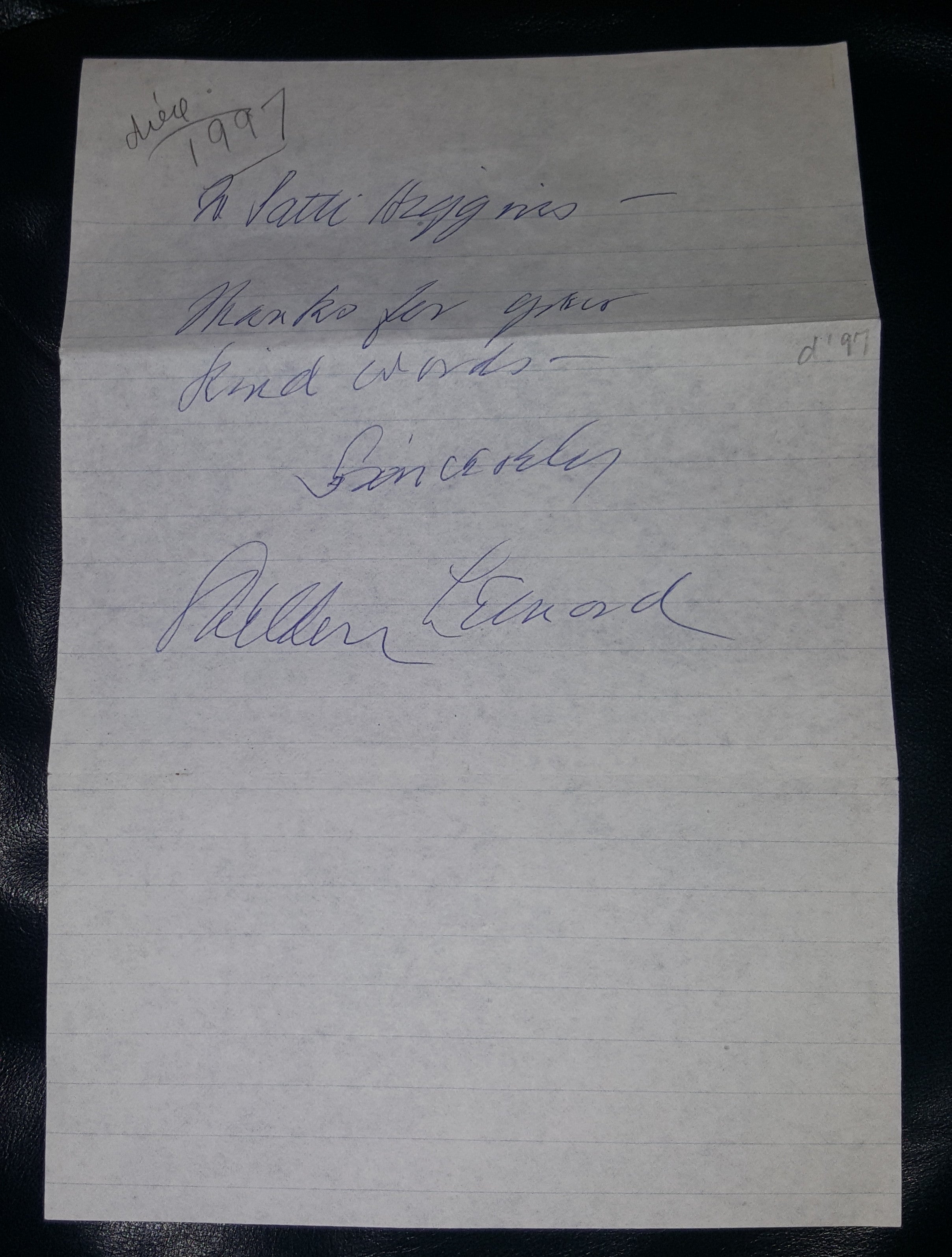 ACTOR SHELDON LEONARD HAND SIGNED NOTE "IT'S A WONDERFUL LIFE" D.1997