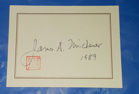 AUTHOR JAMES MICHENER HAND SIGNED CARD WITH HIS PERSONAL STAMP D.1997