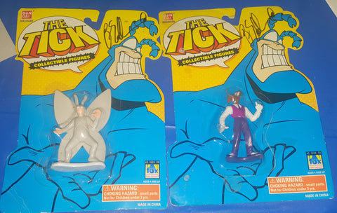 2 VINTAGE "THE TICK" FIGURINES BY BAN DAI UNOPENED STILL ON CARD BACK BOTH HAND SIGNED BY CREATOR BEN EDLUND
