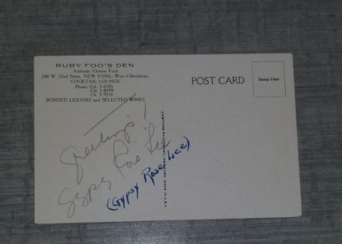 BURLESQUE LEGEND GYPSY ROSE LEE HAND SIGNED CARD D.1970