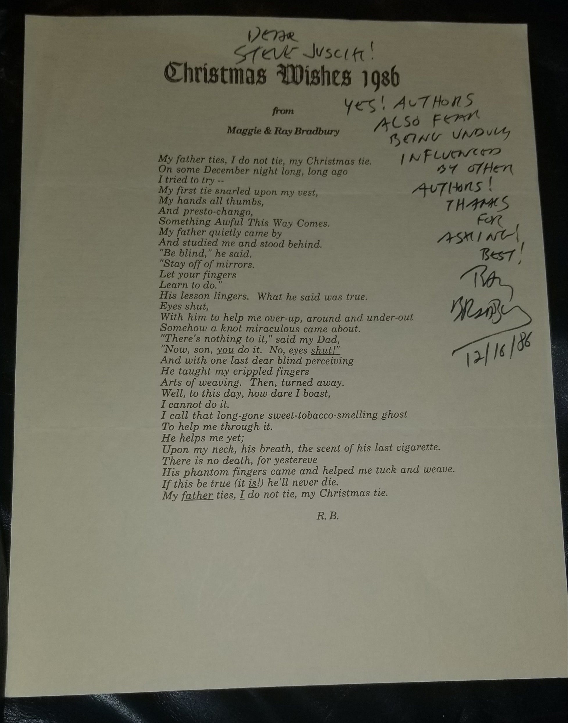 AUTHOR RAY BRADBURY HAND SIGNED 1986 CHRISTMAS WISHES PRINTED PAGE