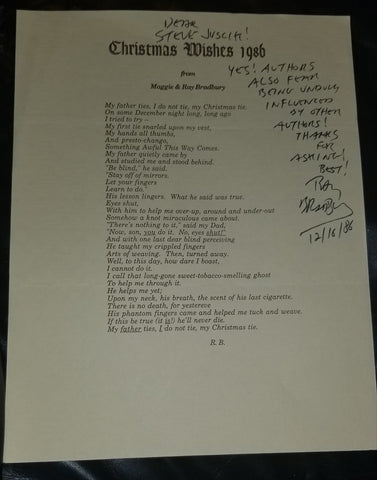 AUTHOR RAY BRADBURY HAND SIGNED 1986 CHRISTMAS WISHES PRINTED PAGE