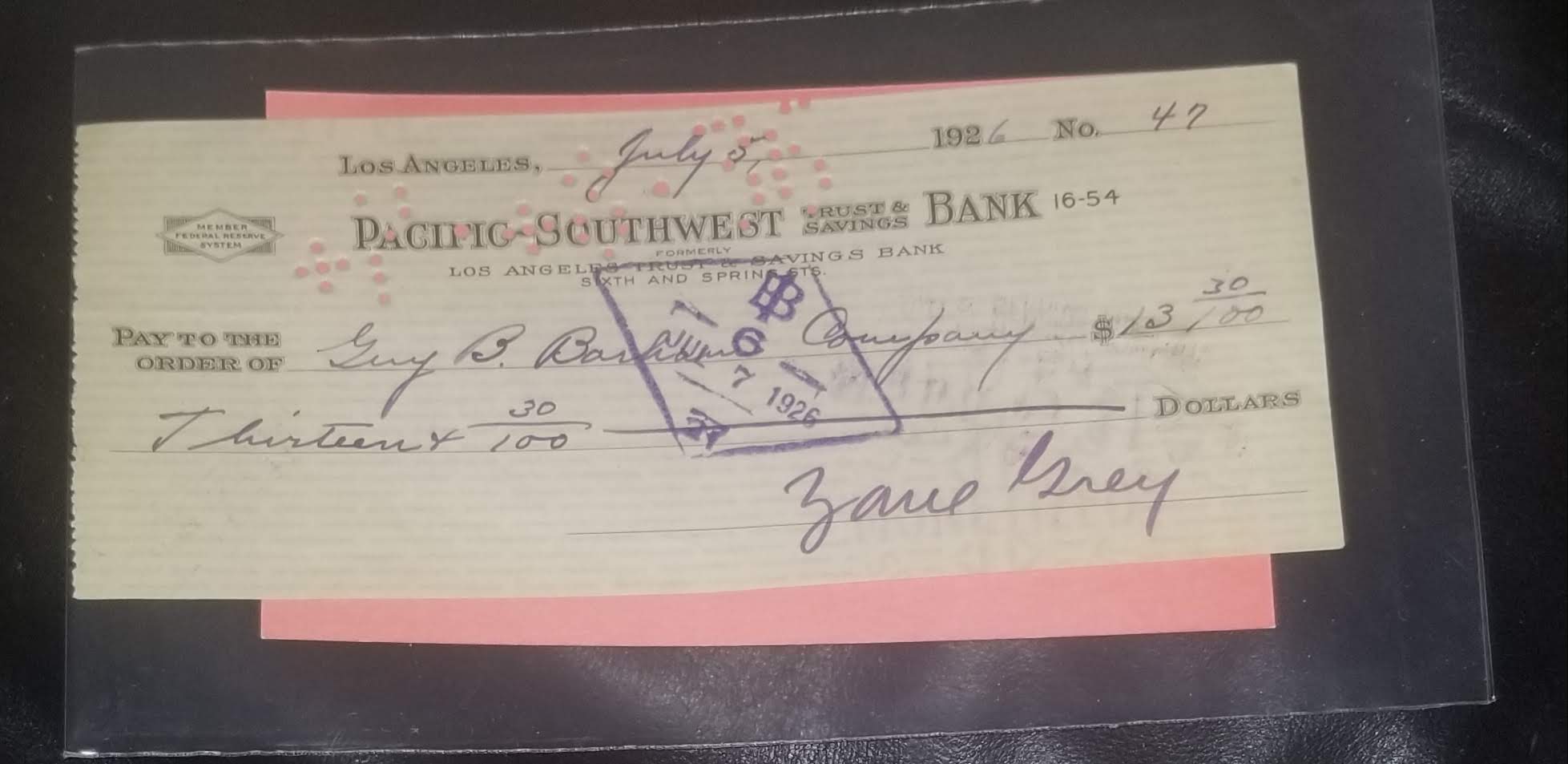 LEGENDARY ADVENTURE AUTHOR ZANE GREY HAND SIGNED 1926 CHECK D.1939