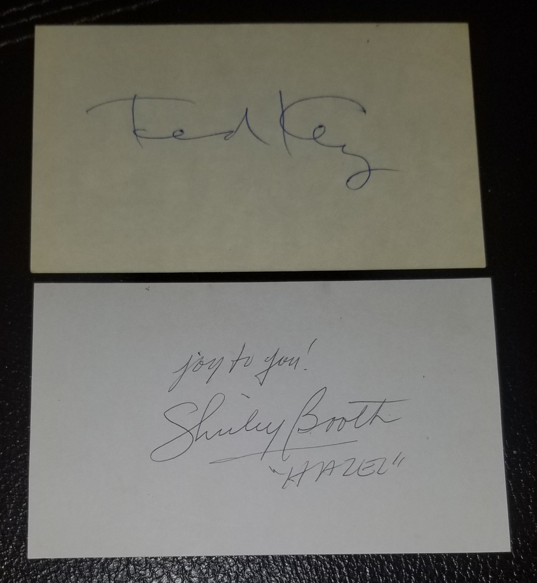 "HAZEL" CARTOONIST TED KEY D.2008 AND ACTRESS SHIRLEY BOOTH D.1992 HAND SIGNED CARDS