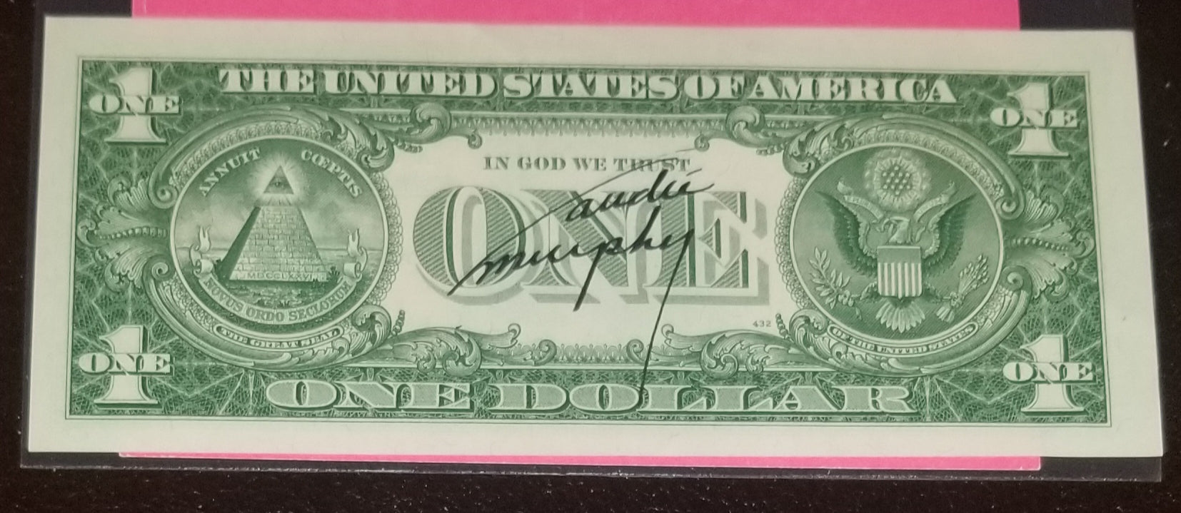 RARE WAR HERO TURNED ACTOR AUDIE MURPHY HAND SIGNED ONE DOLLAR BILL D.1991