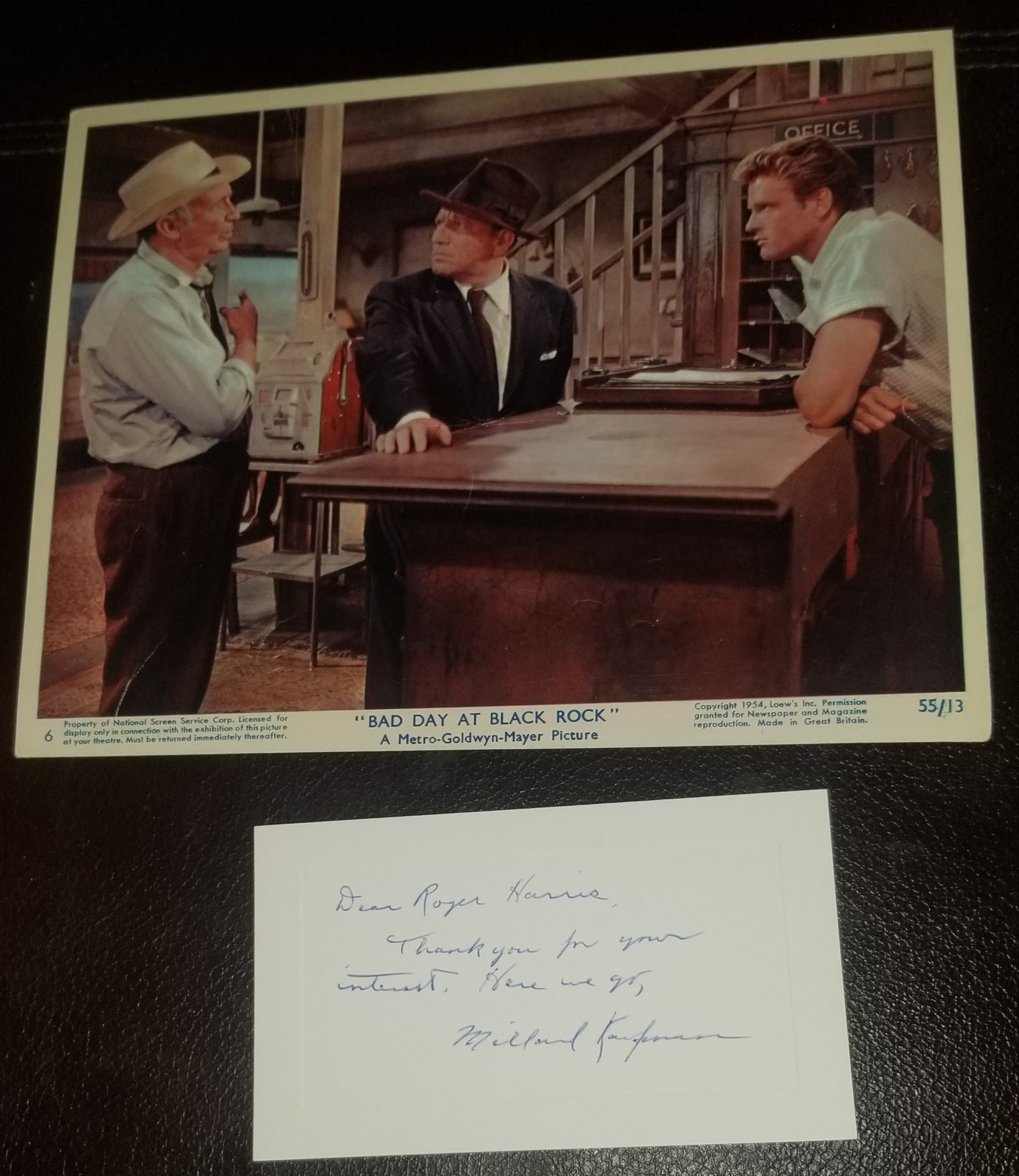 SCREENWRIER MILLARD KAUFMAND HAND SIGNED CARD AND VINTAGE "BAD DAY AT BLACK ROCK" 8X10 PHOTO D.2009