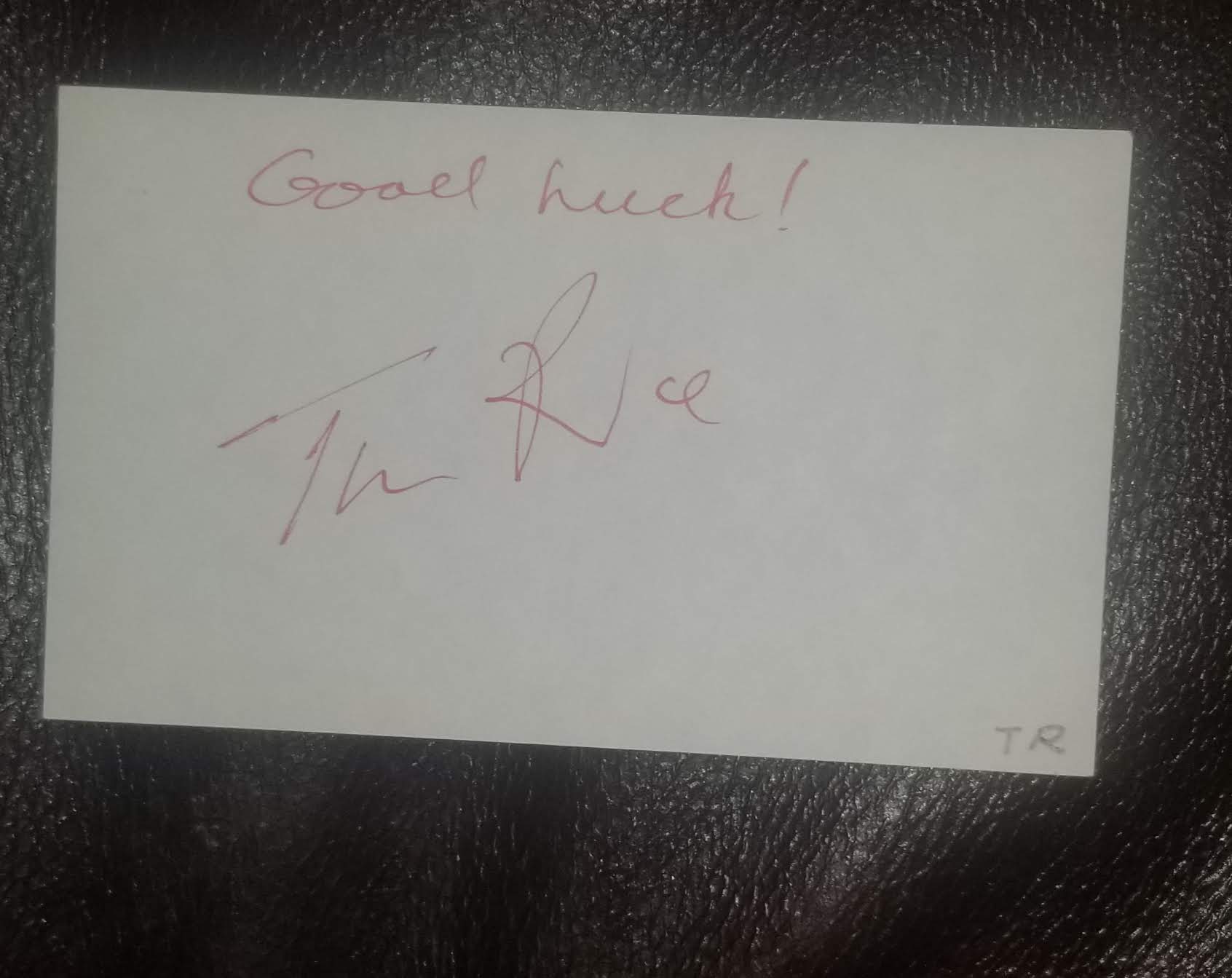 LEGENDARY BRITISH LYRICIST SIR TIM RICE HAND SIGNED INDEX CARD