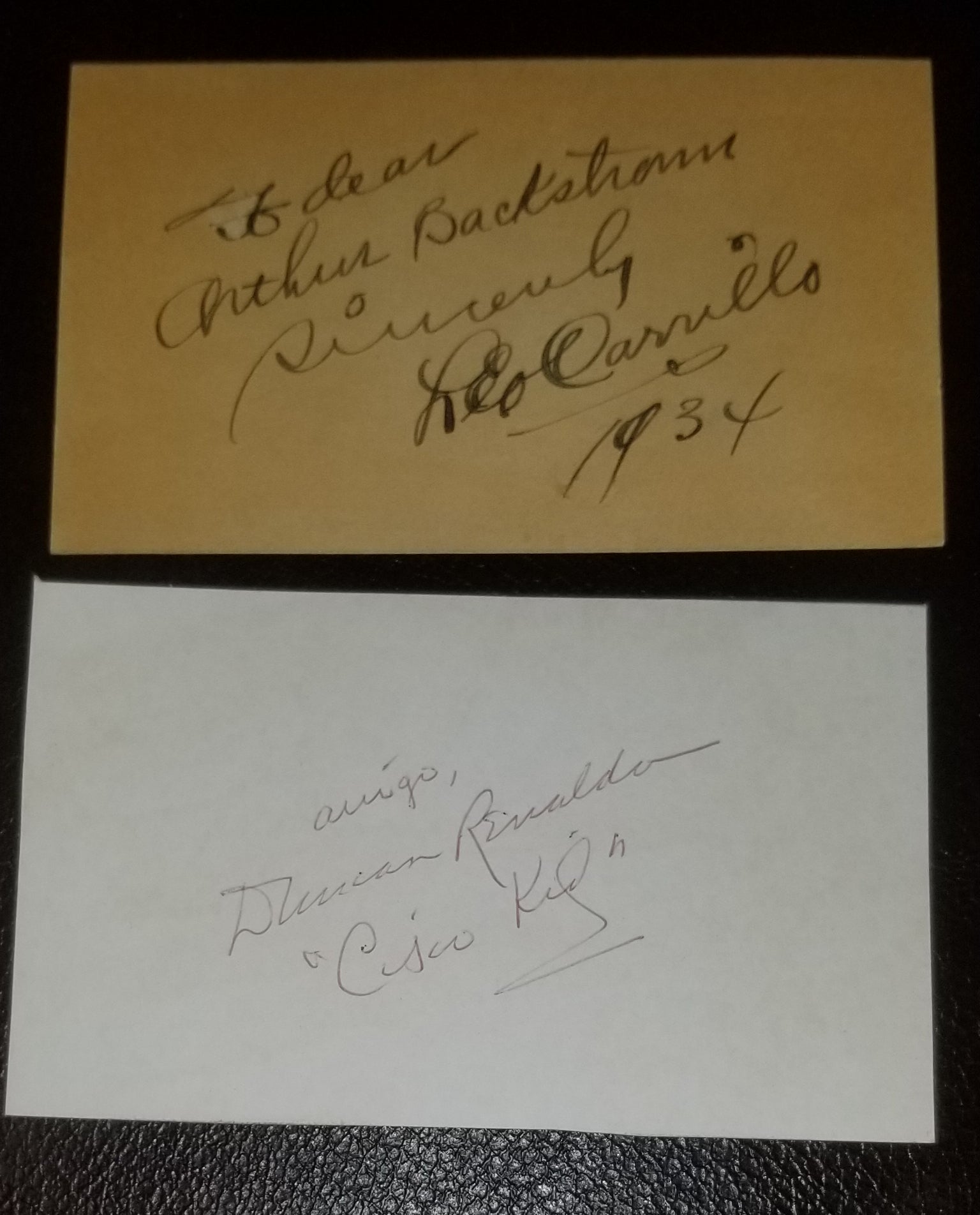 2X THE CISCO KID AUTOGRAPH LOT DUNCAN RENALDO D.1980 AND LEO CARRILLO D.1961 HAND SIGNED SIGNATURES