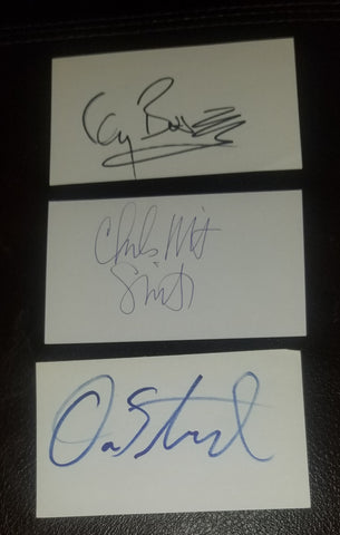 3X THE BUDDY HOLLY STORY AUTOGRAPH LOT GARY BUSSEY DON STROUD AND CHARLES MARTIN SMITH HAND SIGNED CARDS