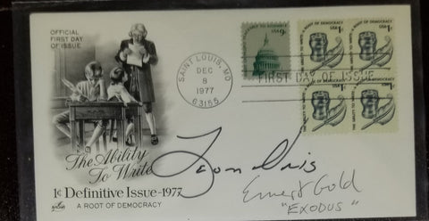 DUAL HAND SIGNED EXODUS FDC FIRST DAY COVER AUTHOR LEON URIS D.2003 AND SOUNDTRACK COMPOSER ERNEST GOLD d.1999