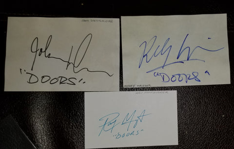 3X THE DOORS AUTOGRAPH LOT RAY MANZAREK JOHN DENSMORE AND ROBBY KRIEGER HAND SIGNED CARDS