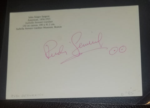 AMERICAN FASHION DESIGNER RUDI GERNREICH HAND SIGNED POSTCARD BACK D.1985